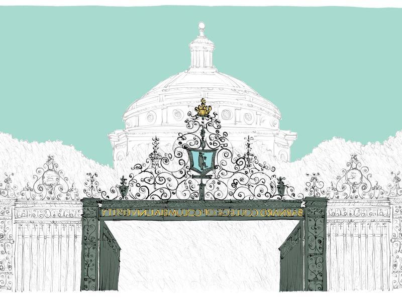 Drawing of Barnard Gate centered against a white building with a dome